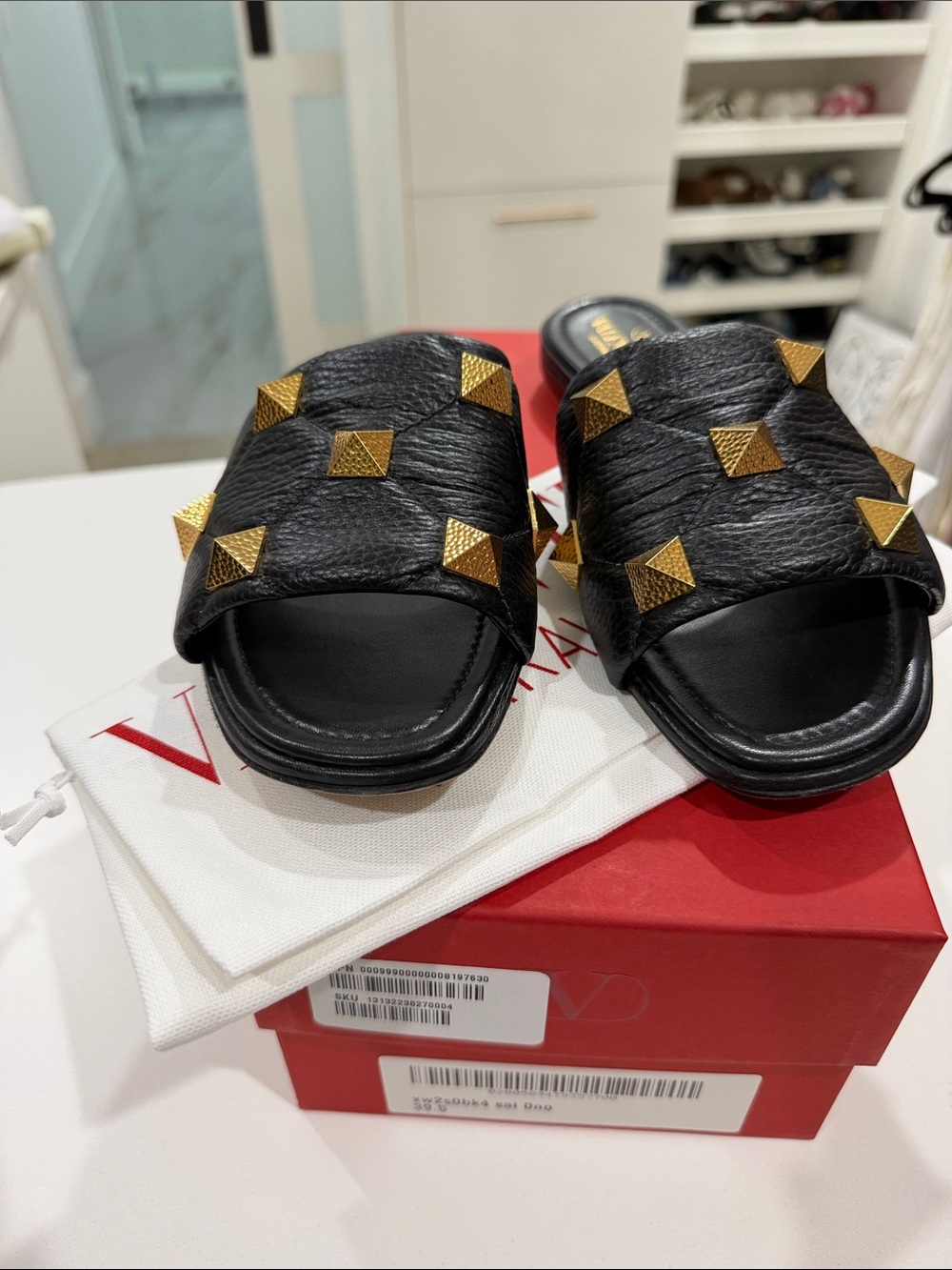 Valentino Black Roman Stud Leather Slide Sandals with Gold Studs